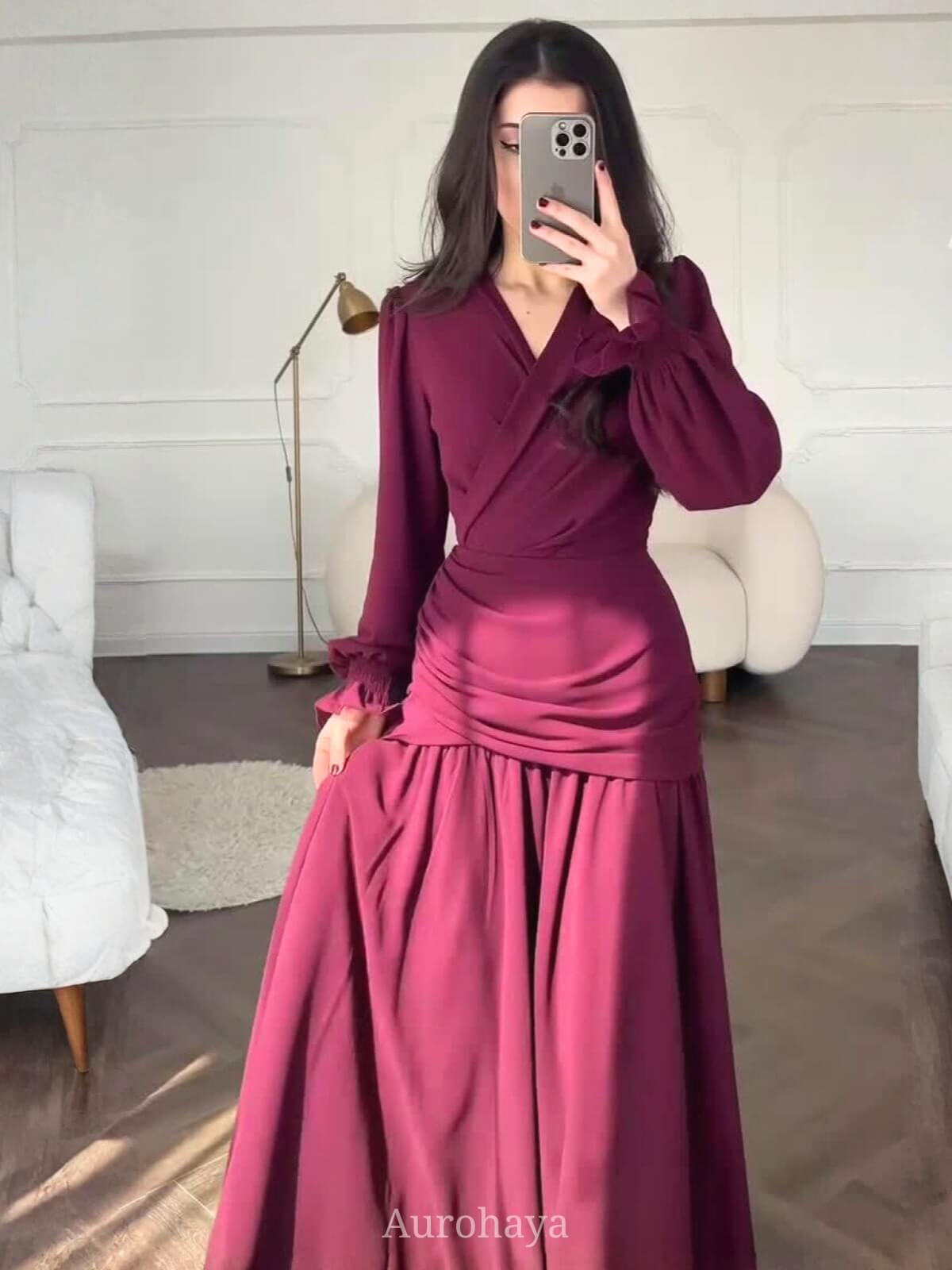 Chiffon Long Sleeve V-Neck Wrap Ruched Waist Maxi Dress