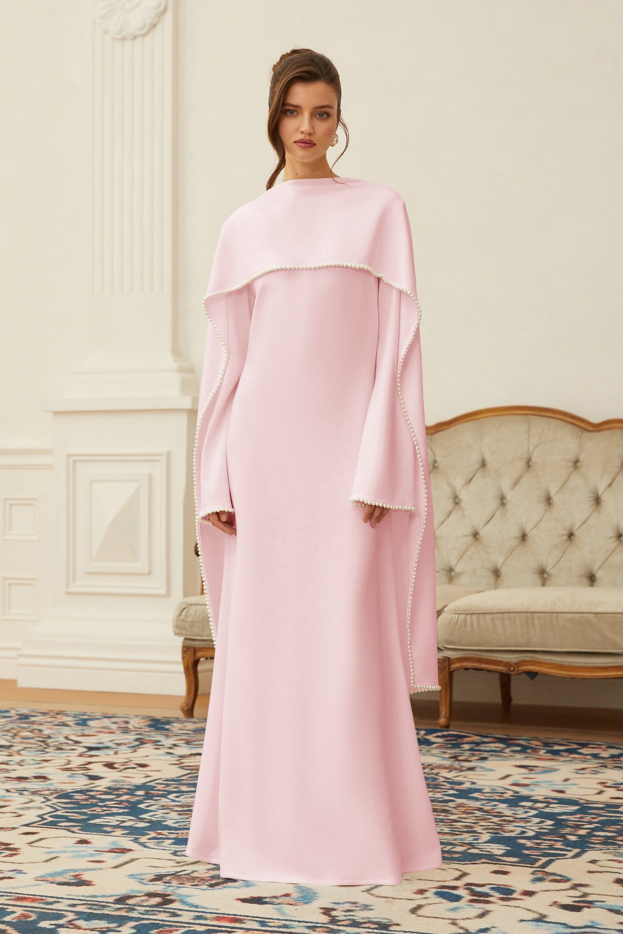 Aurohaya Piroska Pink Pearl Trim Shawl Detail Maxi Dress