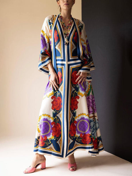 Aurohaya Unique Ethnic Floral Print Flowing Maxi Dress Multicolor