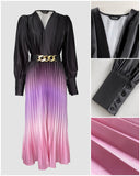 Ombre Plunge Pleated Midi Dress With Chain Decor Belt