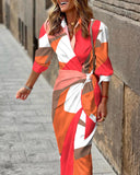 All Over Print Turn Down Collar Tied Detail Dress Casual Ruched Wrap Front Vacation Dress