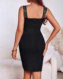 V Neck Sleeveless Bodycon Dress Rhinestone Clubwear Birthday Party Midi Dress