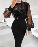 Mock Neck Sheer Mesh Spliced Beaded Bodycon Dress Zipper Back Slit Party Dress