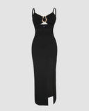 Metal Ring Decor V-Neck Adjustable Spaghetti Straps Bodycon Dress High Slit Hollow-out Evening Dress