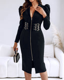 Deep V Neck Puff Sleeve Waist Multi Metal Buckle Decor Slit Dress Casual Zipper Front Commuting Dress
