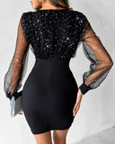 Glitter Sheer Mesh Spliced Overlap V-Neck Mesh Lantern Sleeve Mini Party Dress Ruched Zipper Back Slim Fit Evening Dress