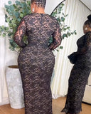 Elegant Lace Plunge V Neckline Long Sleeve Dress Casual Slim Fit Slit Evening Maxi Dress