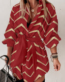 Bronzing Chevron Print Turn-down Collar Tied Detail Shirt Dress