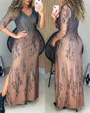 Ombre & Plants Print V-Neck Three Quarters Sleeve Side Slit Vacation Dress