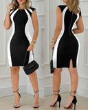 Colorblock Round Neck Sleeveless Zipper Back Midi Dress Slit Back Bodycon Dress