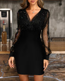 Glitter Sheer Mesh Spliced Overlap V-Neck Mesh Lantern Sleeve Mini Party Dress Ruched Zipper Back Slim Fit Evening Dress
