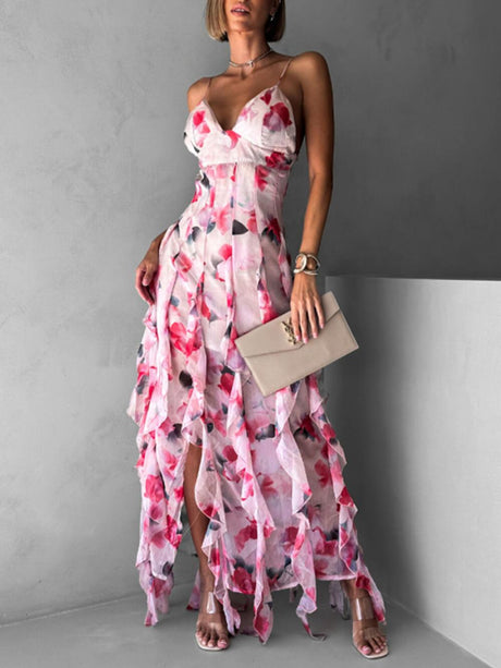 Aurohaya Fashionable Chiffon Printed Off-Shoulder Slit Maxi Dress White