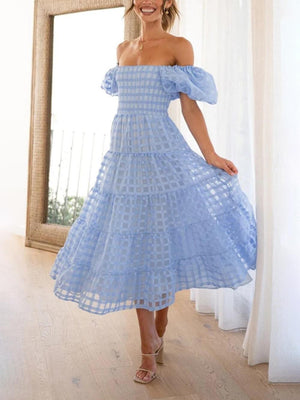 Aurohaya Fashionable One-Shoulder Chiffon Puff Sleeve Swing Midi Dress