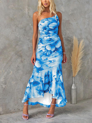 Aurohaya Beautiful Casual Off-Shoulder Floral Print Elastic Slim Irregular Maxi Dress Sky Blue