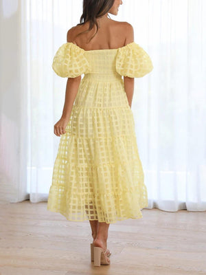 Aurohaya Fashionable One-Shoulder Chiffon Puff Sleeve Swing Midi Dress