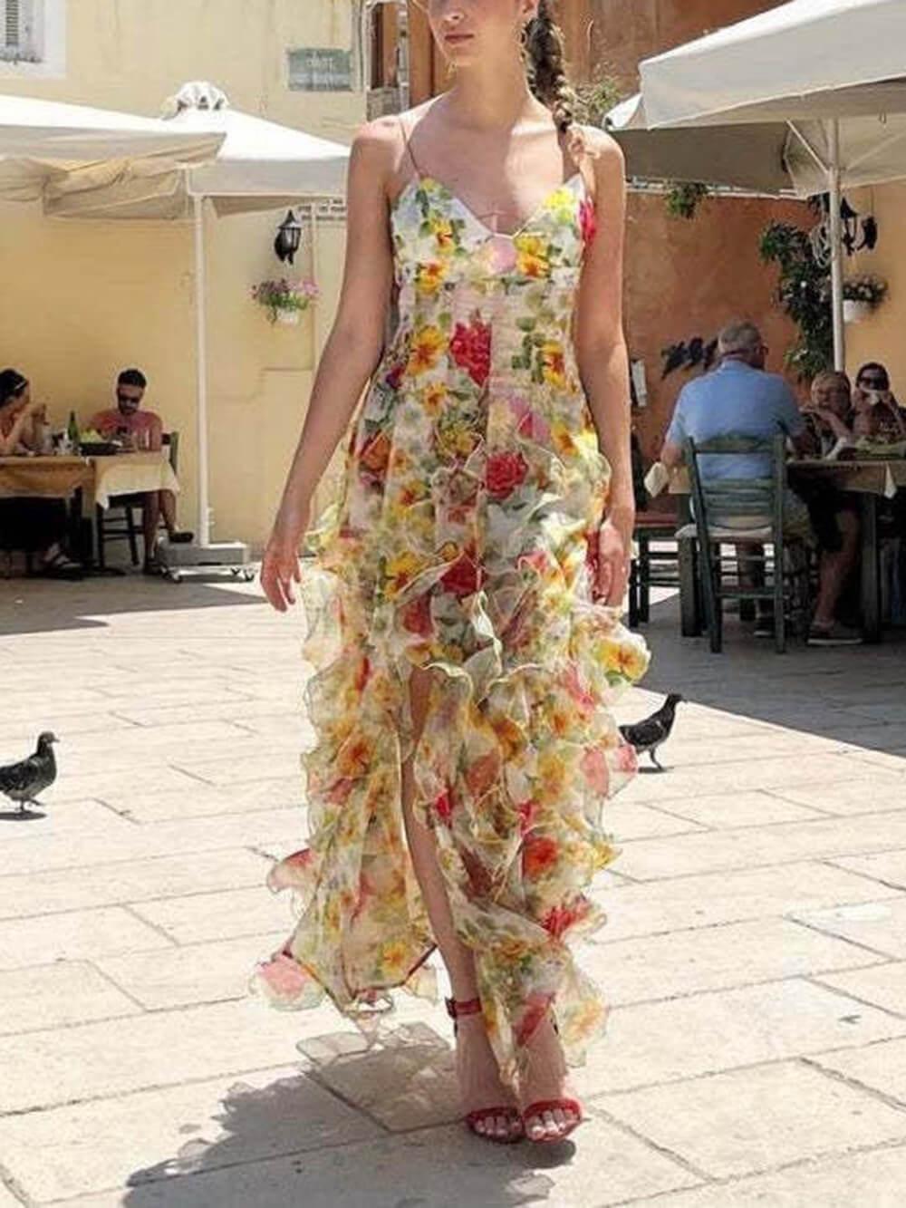 Aurohaya Fashionable Chiffon Printed Off-Shoulder Slit Maxi Dress Yellow