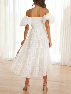 Aurohaya Fashionable One-Shoulder Chiffon Puff Sleeve Swing Midi Dress