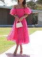 Aurohaya Fashionable One-Shoulder Chiffon Puff Sleeve Swing Midi Dress Rose Red