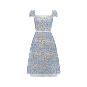 Aurohaya Gaëlle Blue Floral Embroidered Midi Dress