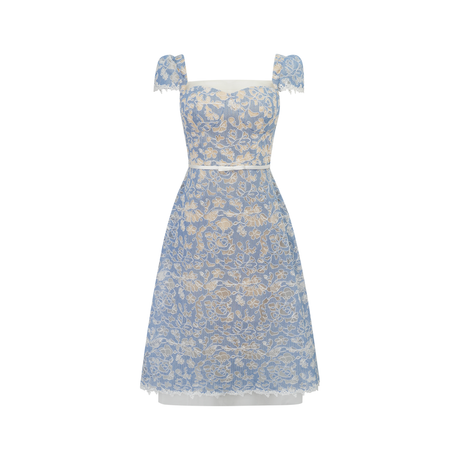 Aurohaya Gaëlle Blue Floral Embroidered Midi Dress