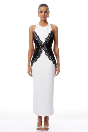 Aurohaya Ilaria White Halterneck Lace Panel Maxi Dress