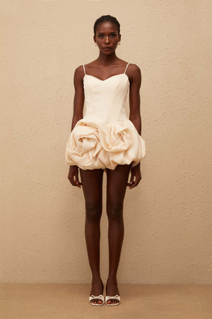 Aurohaya Melanie Neutral 3D Petal Bubble Mini Dress