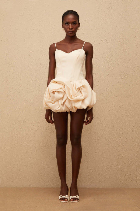 Aurohaya Melanie Neutral 3D Petal Bubble Mini Dress