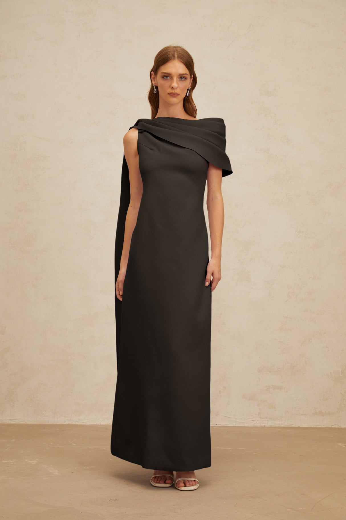 Aurohaya Annabelle Black Cape-Design Ribbon Maxi Dress