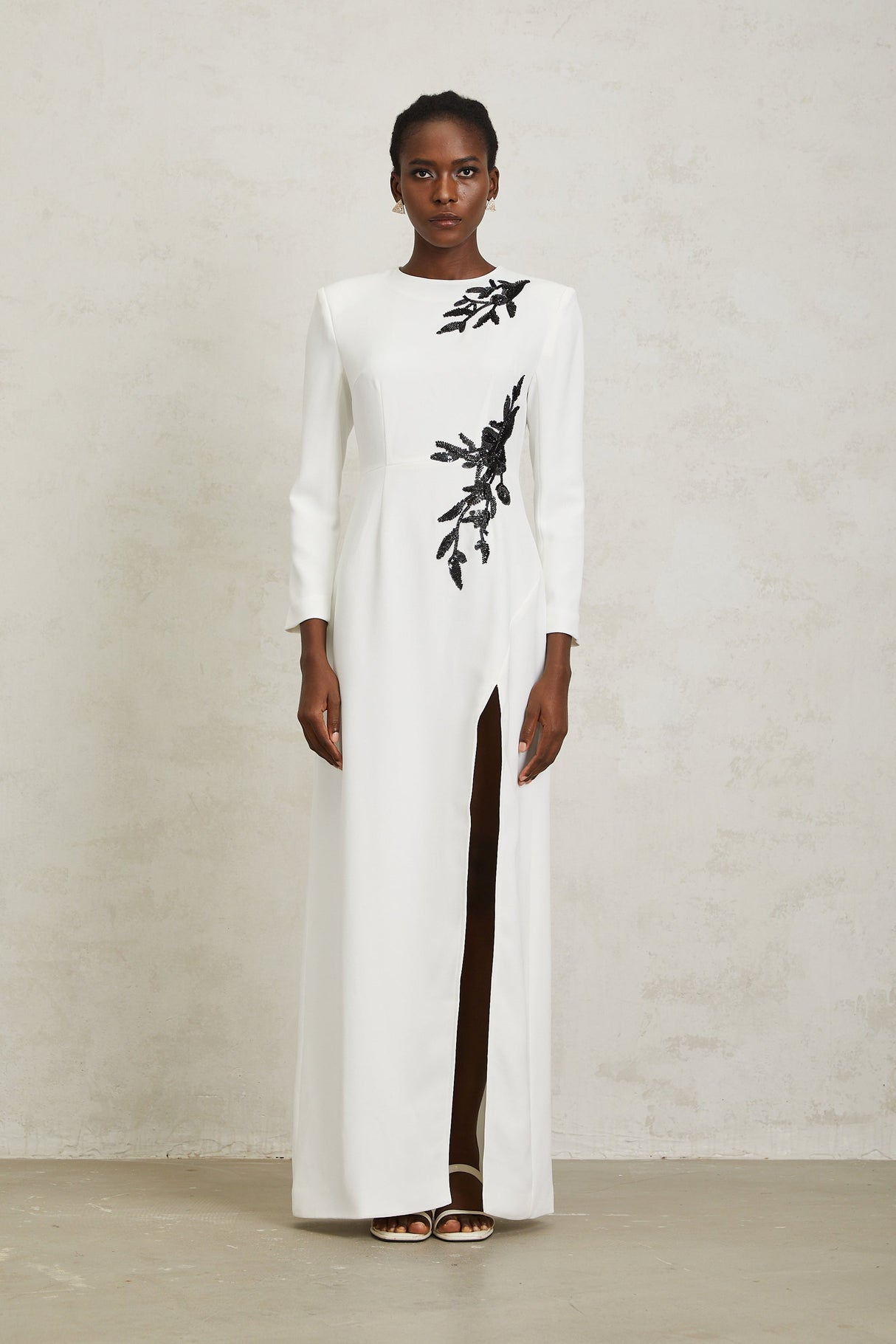 Aurohaya Vanessa White Beaded Floral Appliqué Maxi Dress