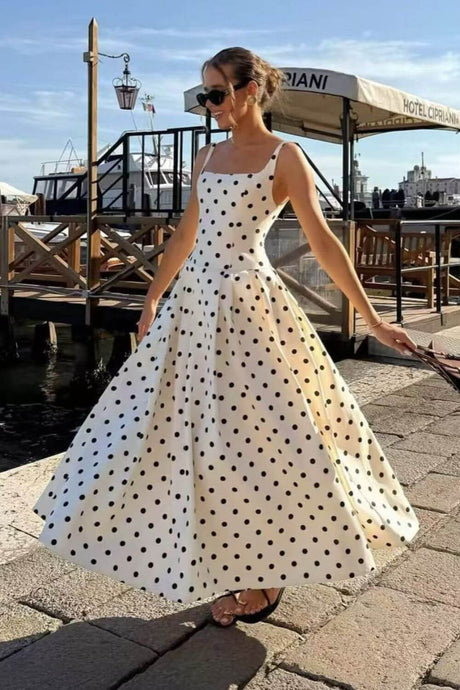 Aurohaya Madeleine Polka Dot Square Neck A-Line Midi Dress
