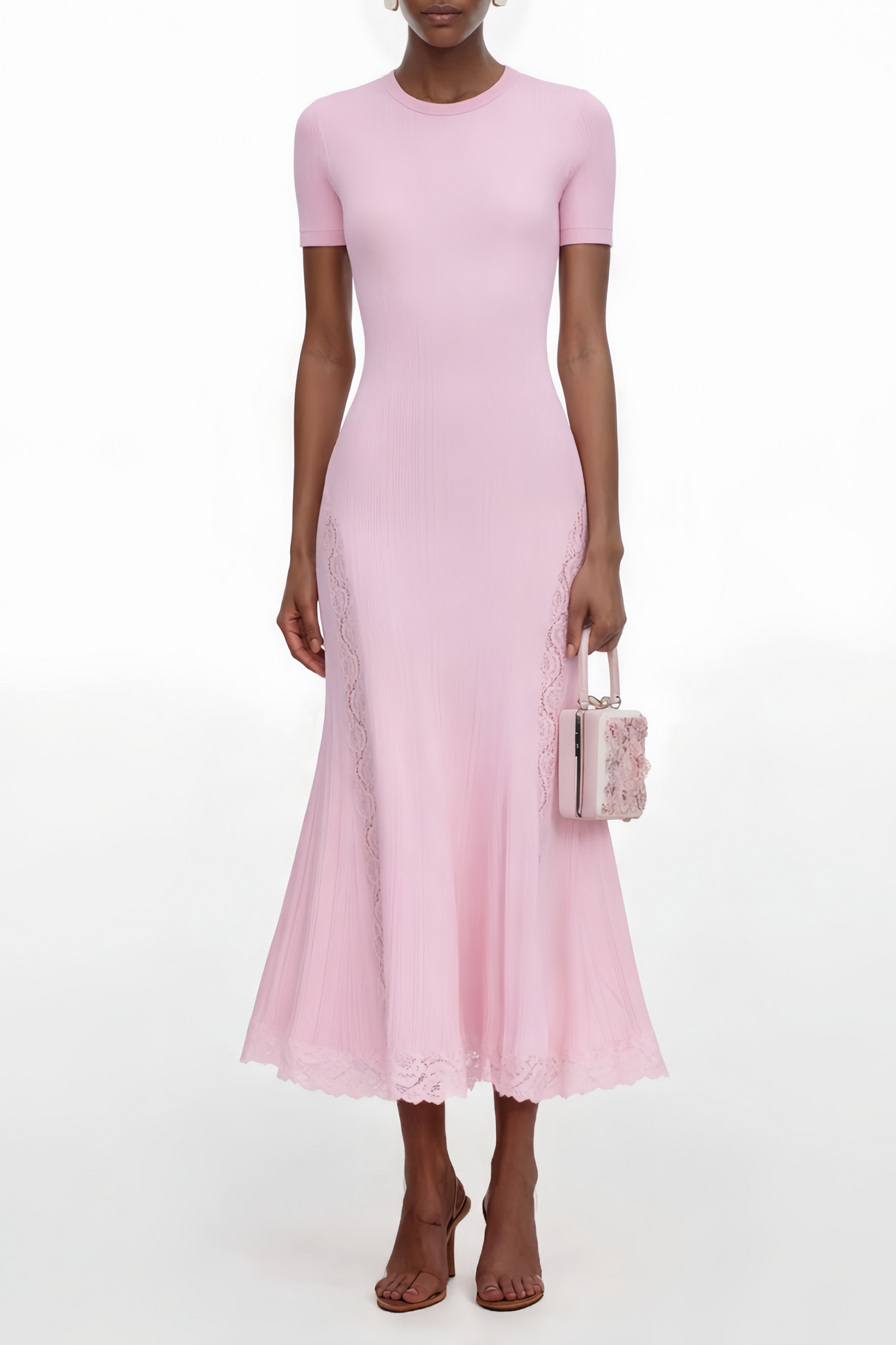 Aurohaya Thalya Pink Lace Trim Knit Midi Dress