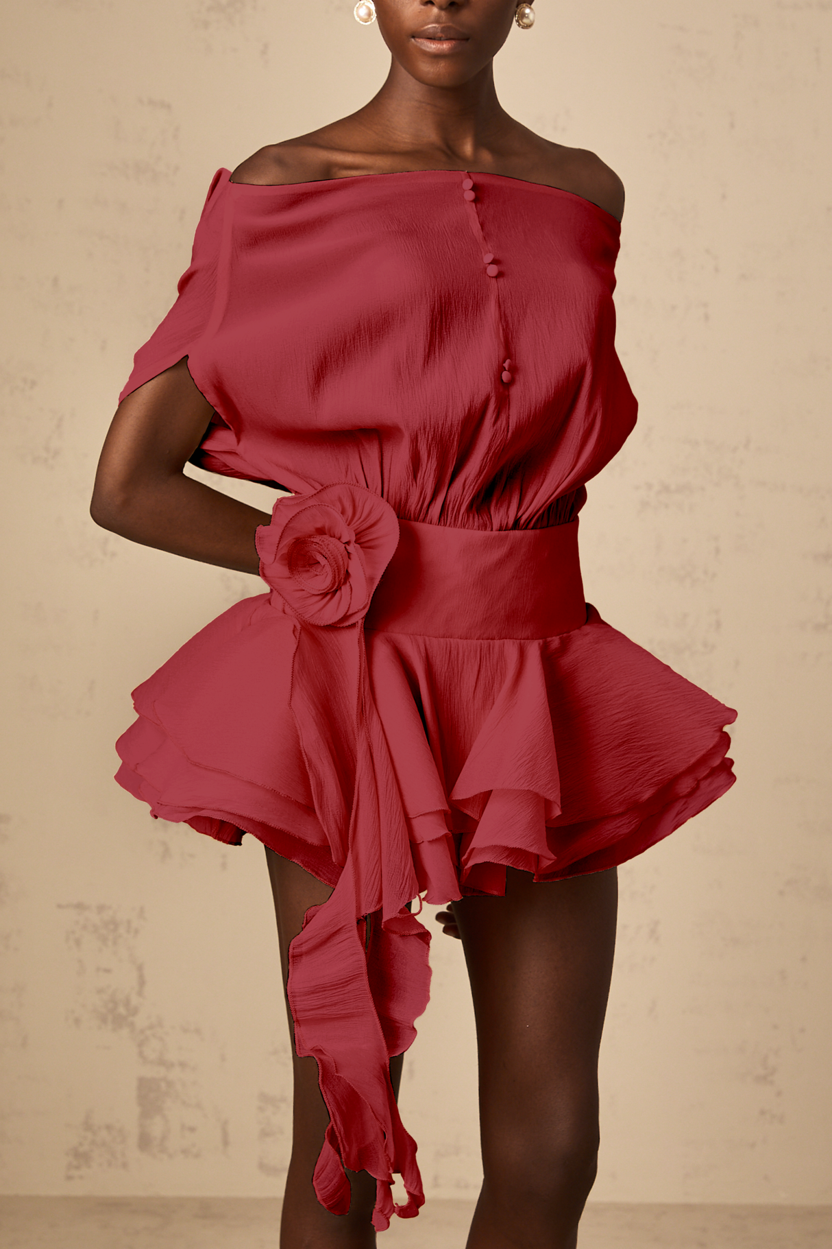 Aurohaya Amélie Red Floral Appliqué Flounced Mini Dress
