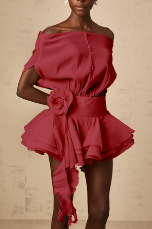 Aurohaya Amélie Red Floral Appliqué Flounced Mini Dress