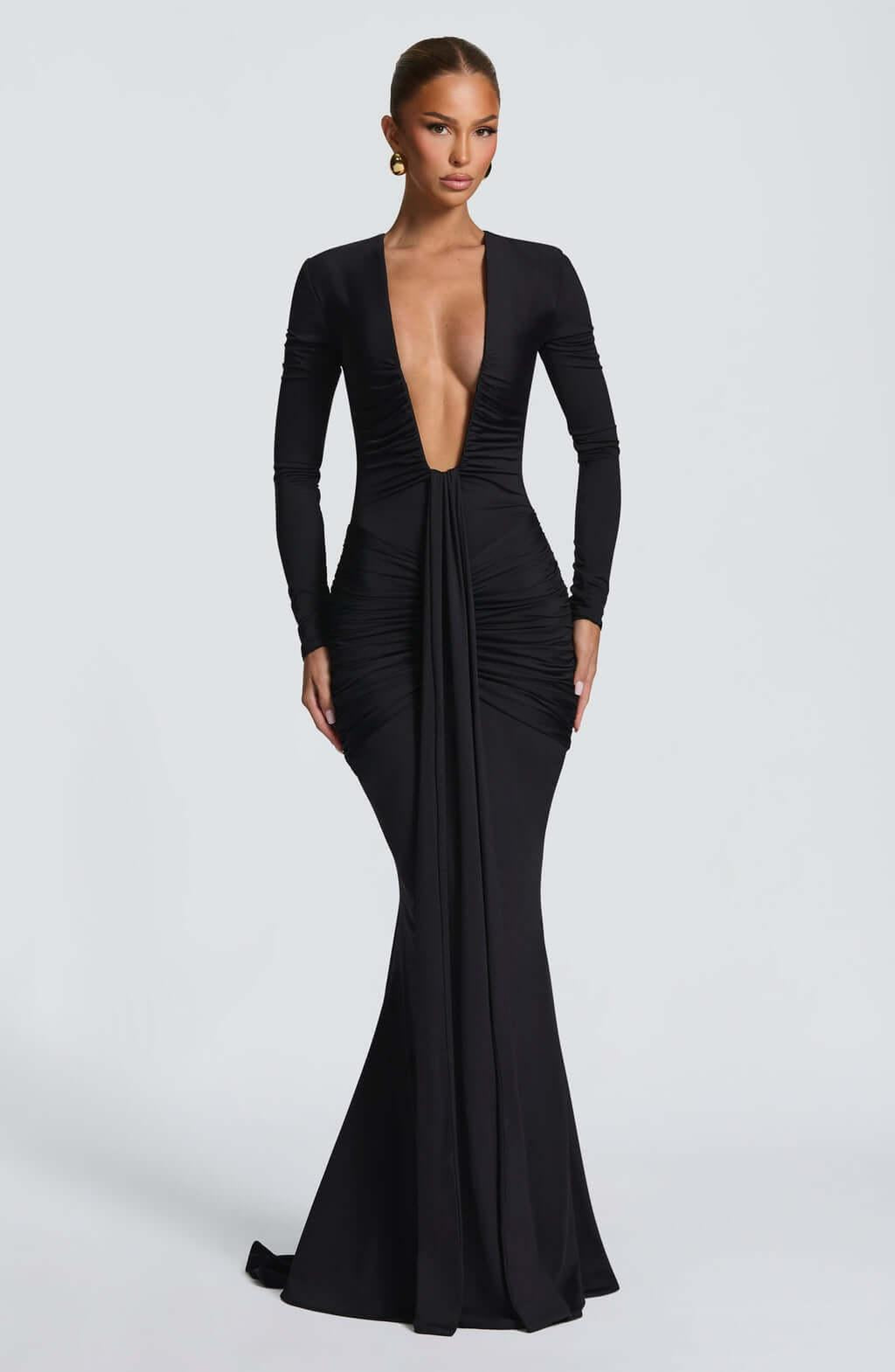 Aurohaya Eléonore Deep Plunge Ruched Mermaid Maxi Dress Black