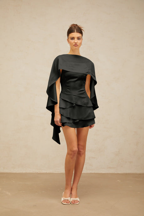 Aurohaya Lyna Black Satin Ruffled Mini Dress with Shawl Panel Detail