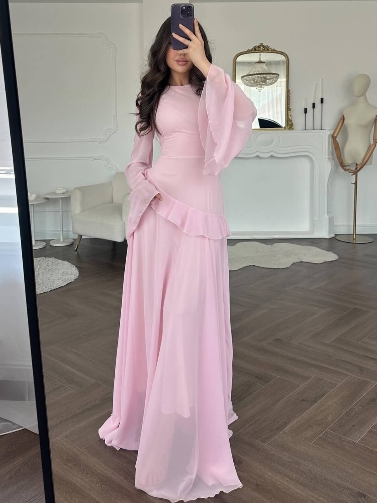 Cinched-Waist Bell‑Sleeve Ruffle Maxi Dress