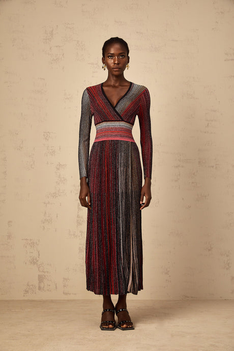 Aurohaya Amaryllis Red Long Sleeve Sequin Striped Knit Maxi Dress