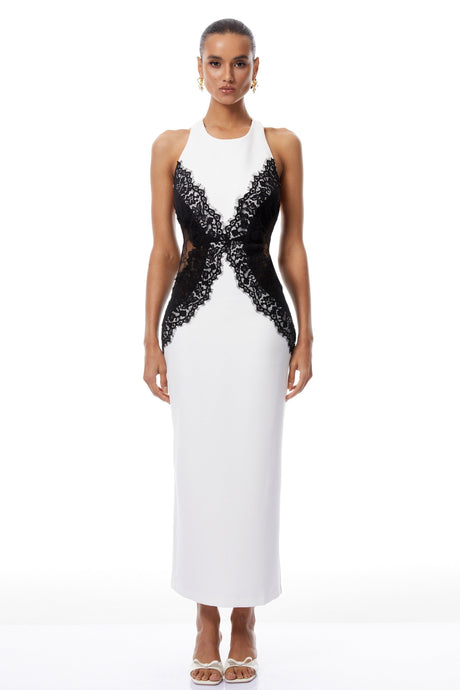 Aurohaya Ilaria White Halterneck Lace Panel Maxi Dress