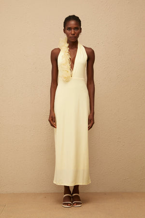 Aurohaya Brume Yellow Halterneck 3D Petal Maxi Dress