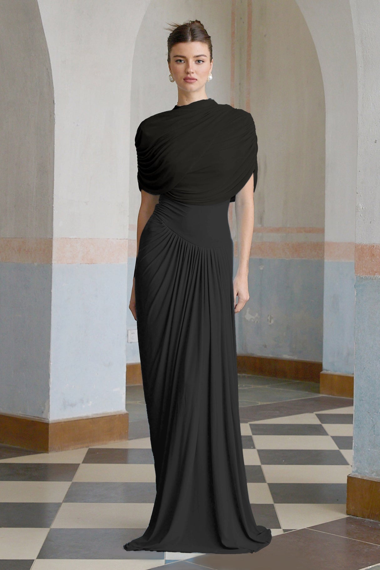 Aurohaya Catherine Black Asymmetrical Pleated Maxi Dress