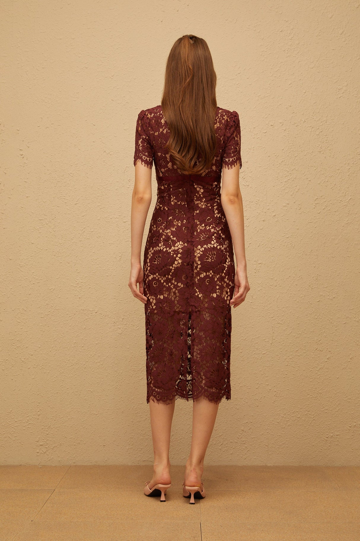 Aurohaya Iris Burgundy Floral Lace Pencil Midi Dress