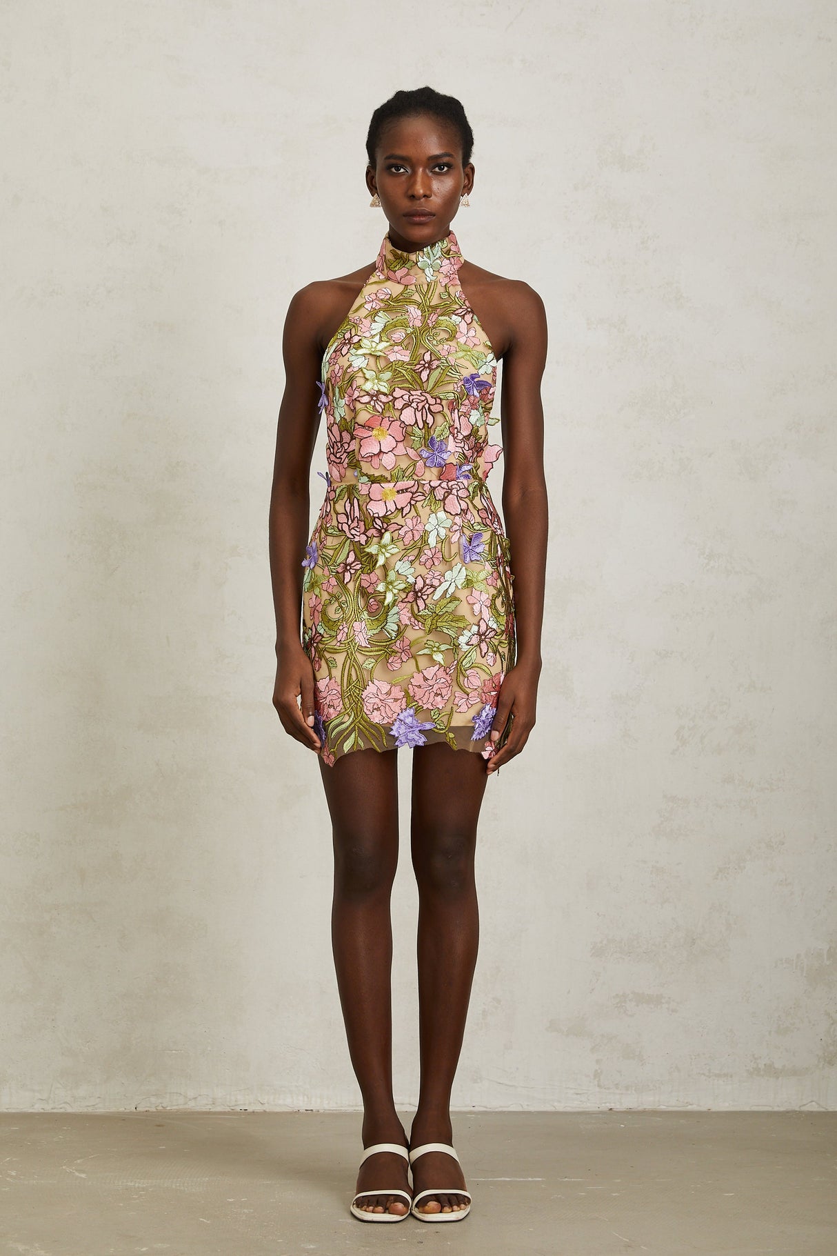Aurohaya Consuelo Green Floral Embroidered Mesh Mini Dress
