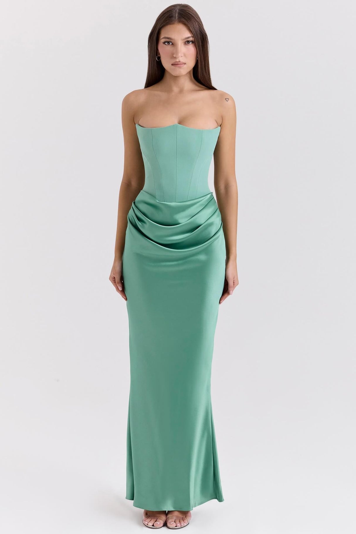 Aurohaya Vianne Off-Shoulder Corset Maxi Dress Green