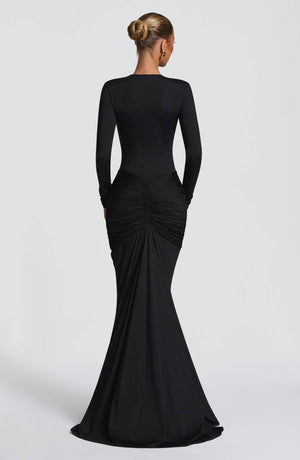 Aurohaya Eléonore Deep Plunge Ruched Mermaid Maxi Dress
