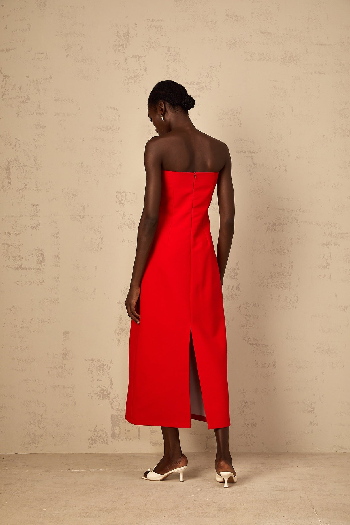 Aurohaya Irène Sequin Embroidered Off-Shoulder Midi Dress in Red
