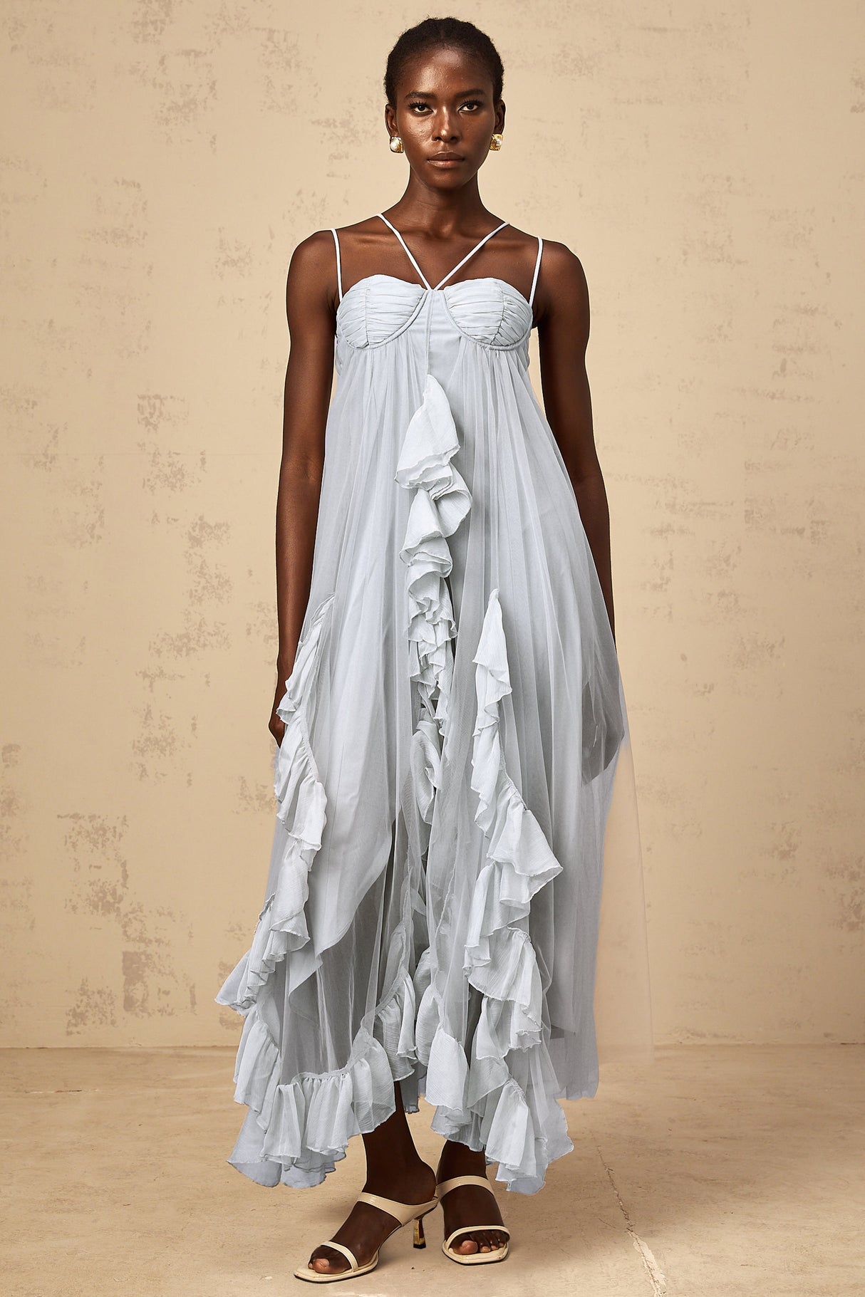 Aurohaya Colette layered ruffled tulle maxi dress in Blue