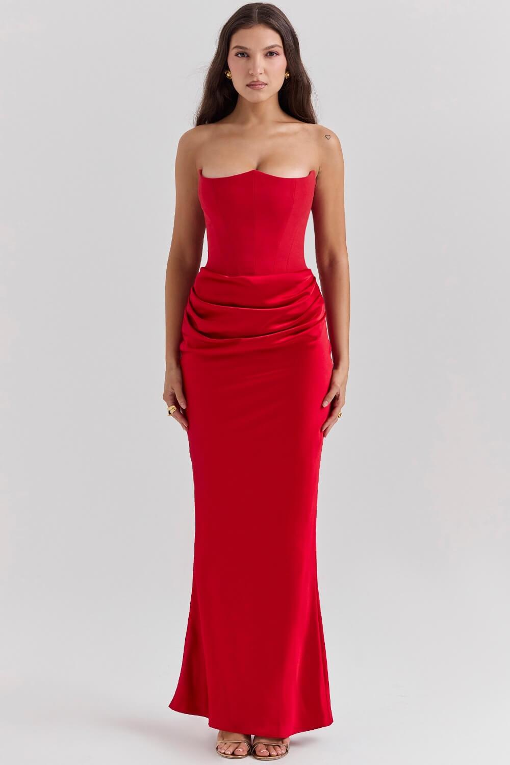 Aurohaya Vianne Off-Shoulder Corset Maxi Dress Red