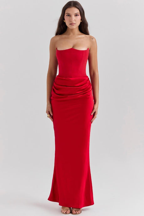 Aurohaya Vianne Off-Shoulder Corset Maxi Dress Red