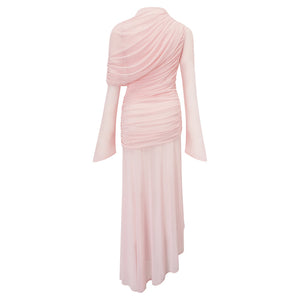 Aurohaya Garance Pink Asymmetrical Ruched Mesh Maxi Dress