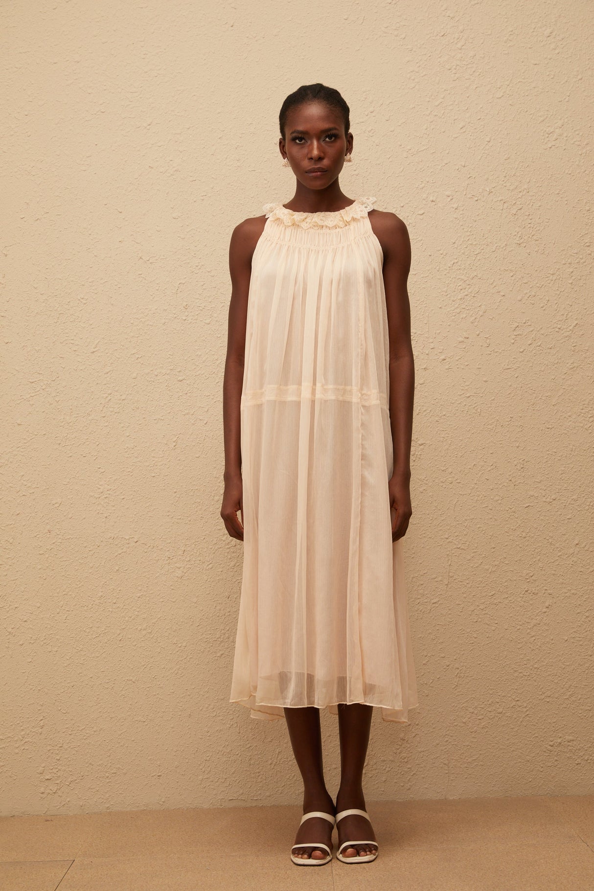 Aurohaya Orélie Neutral Pleated Chiffon Midi Dress